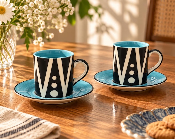 vintage Coffee / 2x Tea cup with saucer Handmade cappuccino cups Stoneware cup Pottery ceramics Birthday gift / vintage small cup set