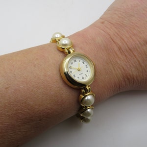 Vintage pearl watch / Large wrist size 7.4" / Quartz watch / marcel signature watch /  womens Watch /  Gift for her (f9)