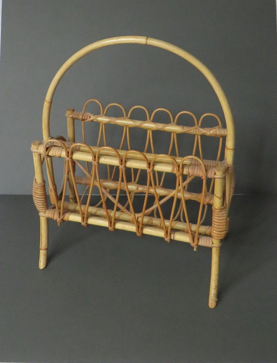 Vintage Rattan Magazine Rack, Mid Century Modern Decor