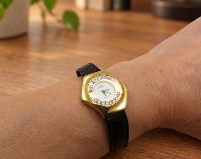 Vintage Ladies Gold Watch diamond dial, black Leather Strap (R12)