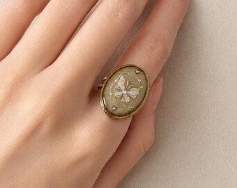 Handmade Butterfly Statement Ring: Adjustable 18K Gold-Plated Stainless Steel with Resin Finish