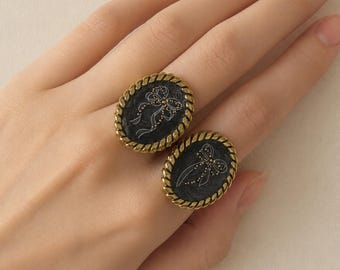 Black Bow Statement Ring, Adjustable 18K Gold Plated Stainless Steel Ring, Handmade Resin Jewelry, Gothic Victorian Coquette Gift