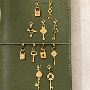 May include: Gold-colored charms in various shapes, including keys and padlocks, are displayed against a green background. The charms have intricate designs, such as hearts, flowers, and geometric patterns. The charms are attached to a string.