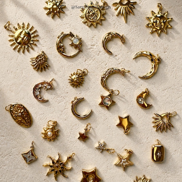 18K Gold Stainless Steel Sun Moon Star Charms | Celestial Jewelry Making Pendants | Boho DIY Necklace Bracelet Supplies | Bulk Cosmic Charms