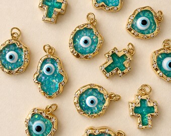 18K Gold Plated Evil Eye Charms, Turquoise Enamel Hamsa Heart Round & Cross Pendants, Zircon Jewelry Making Supplies