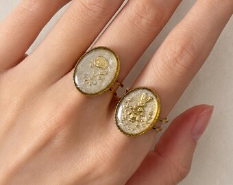 Handmade Fairytale Rabbit or Rose Ring: Adjustable 18K Gold-Plated Stainless Steel Resin Ring