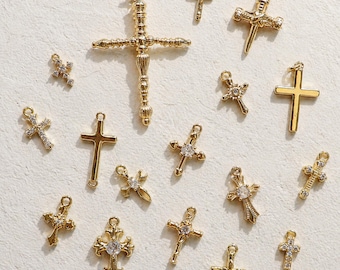 18k Gold Cross Charms | CZ Cross Pendant | Dainty Gold Charms for Necklace, Bracelet, Earring Making | Religious Jewelry Supplies