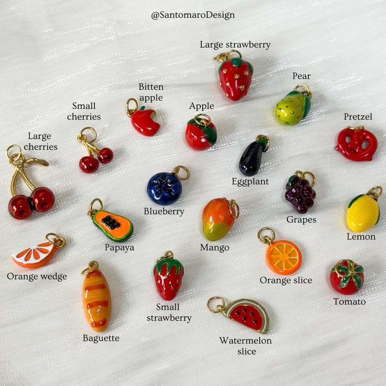 18K Gold Enamel Fruit Charms | Stainless Steel Food Pendants | Cherry ...