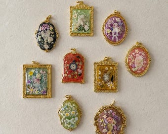 One-of-a-Kind Handmade Cottagecore Resin Pendant Charm, 18K Gold-Plated Copper, Floral Angel & Clock Designs