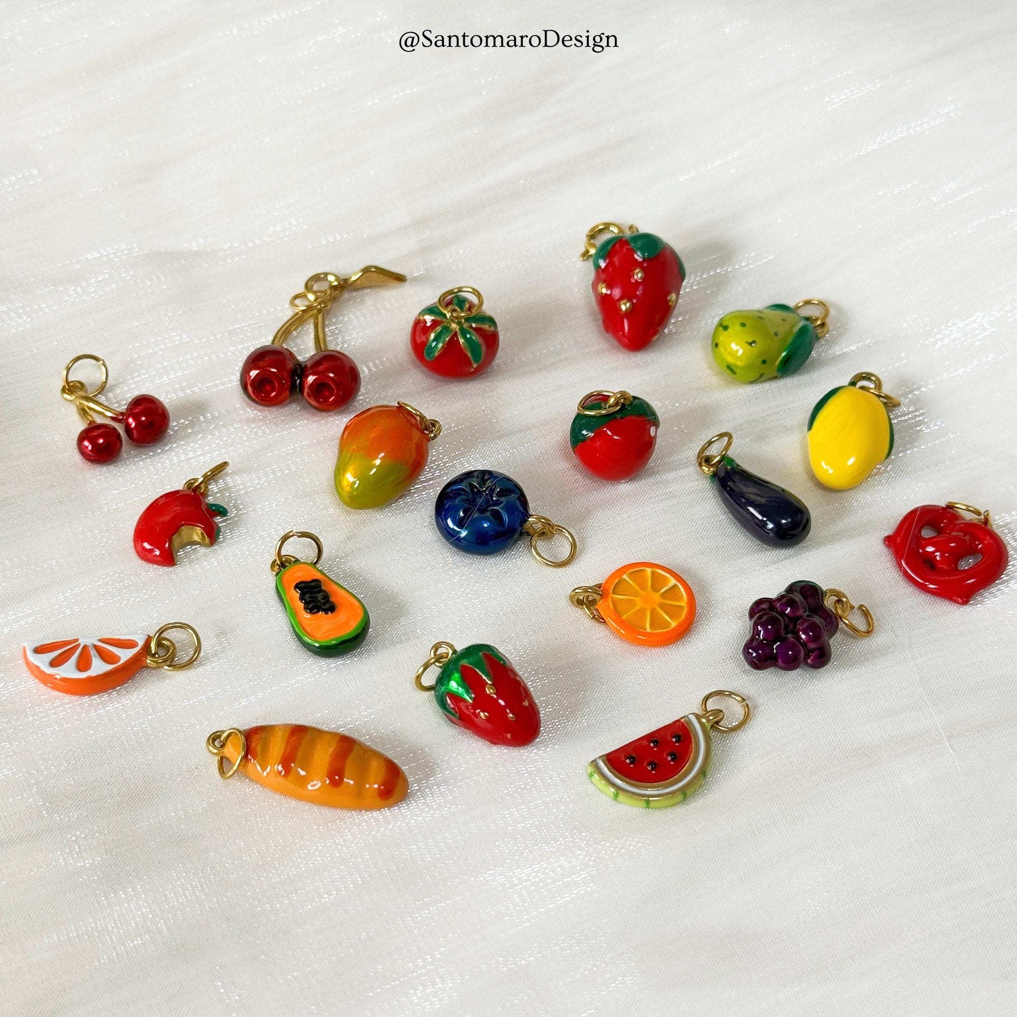 18K Gold Enamel Fruit Charms | Stainless Steel Food Pendants | Cherry ...