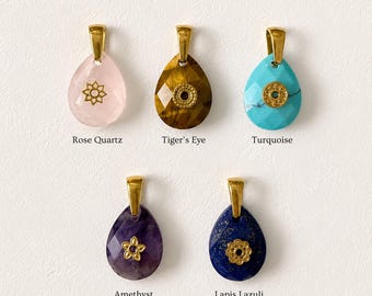 Natural Gemstone Faceted Teardrop Pendant Charm, Stainless Steel Bail, Rose Quartz Amethyst Turquoise Tiger Eye Lapis Jewelry Supply