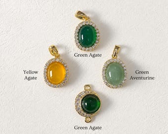 Gold Plated Agate & Green Aventurine Charm, Natural Stone Pendant with Cubic Zirconia, Oval Gemstone Charm for Necklace Bracelet DIY Jewelry