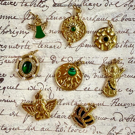18K Gold Stainless Steel Charms, Angel Sun Crown Green Stone Pendants, Spiritual Jewelry Making Supplies, DIY Jewelry Making Supplies