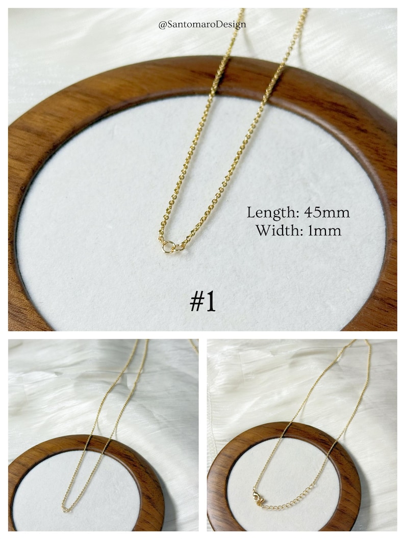 Op de afbeelding: Een delicate goudkleurige ketting. De ketting is 4,5 cm lang en 1 mm breed. De afbeelding bevat de tekst "#1" en de tekst "Length: 45mm Width: 1mm". De ketting wordt op een wit oppervlak weergegeven.
