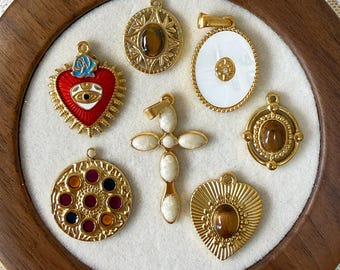 Vintage Talisman Medallion Charm, Evil Eye Sacred Heart Cross Pendant, Tiger Eye Cabochon Charm for Necklace Bracelet DIY