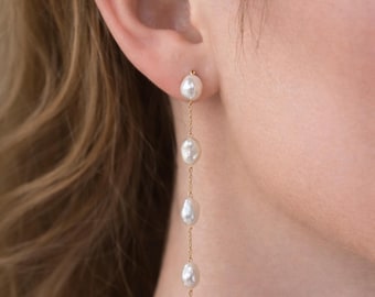 Long Freshwater Pearl Drop Earrings, Handmade Irregular Pearl Tassel Earrings, 925 Sterling Silver Posts, Elegant Gift for Her