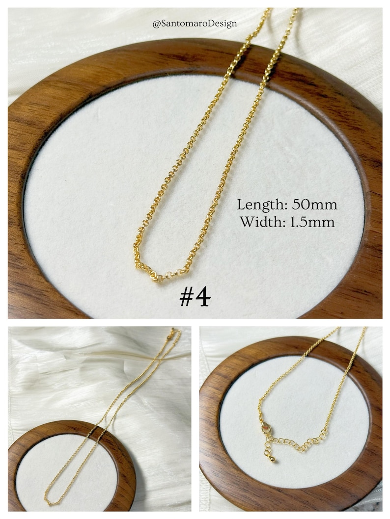 Op de afbeelding: Een delicate goudkleurige ketting met een kettingontwerp. De ketting is 50 mm lang en 1,5 mm breed. De afbeelding bevat de tekst "#4" en de merknaam "@SantomaroDesign". De ketting wordt op een wit oppervlak weergegeven.
