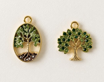 Tree of Life Charm, 18K Gold Stainless Steel Charm, Green Tree Pendant Charm, Nature Necklace Charm, Botanical Jewelry Supply