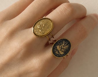 Vintage Swan Signet Ring, Handmade Gold Statement Ring, Twin Swan Adjustable Ring, Antique Inspired Jewelry, 18K Gold Stainless Steel Ring