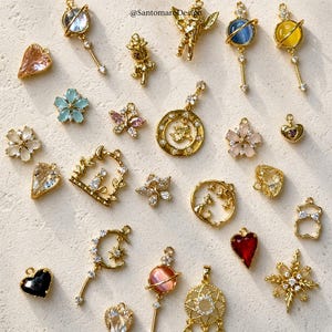 Antique 18K Gold Plated Copper Charms – Heart, Flower, Moon, Star, Butterfly & Crystal Pendants | DIY Jewelry Making Supplies, Pretty Charms
