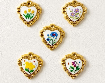 Vintage Ornate Floral Heart Charm, 18K Gold Plated Stainless Steel Botanical Pendant, DIY Jewelry Supply