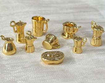 14K Gold Coffee-Themed Charms | Moka Pot, Cup, Mug, Milk Jug, Coffee Bean | DIY Jewelry Supplies