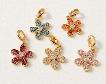 CZ Flower Clip Charm, Colorful Zircon Daisy Pendant with Openable Clasp, Journal Charm, Shoe Lace Charm, Bag Zipper Charm, Phone Charm
