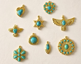 18K Gold Turquoise Charm Pendant, Stainless Steel Boho Jewelry Charm, Heart Star Eagle Flower DIY Necklace Bracelet Charm