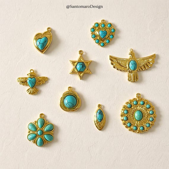 18K Gold Turquoise Charm Pendant, Stainless Steel Boho Jewelry Charm, Heart Star Eagle Flower DIY Necklace Bracelet Charm