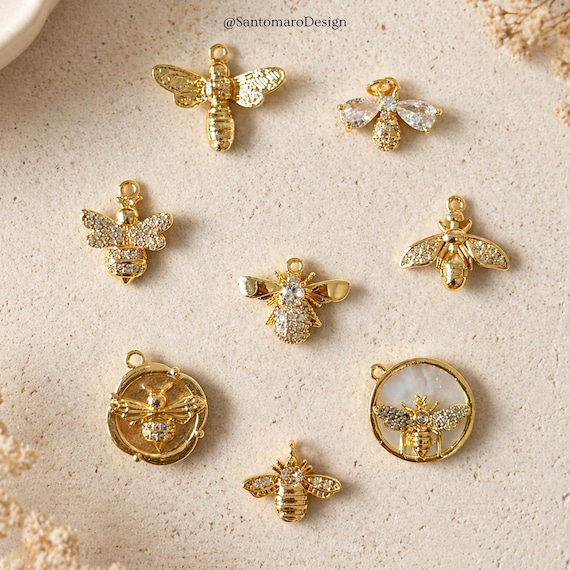 Gold Bee Charm Pendant – 14K Gold Plated Copper Honey Bee Charm, Dainty Bee Necklace Pendant, Mother of Pearl Bee Charm
