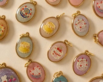 Handmade Birthday Cake Charms, Miniature Cake Pendant, 18K Gold Plated Stainless Steel Resin Charm, Cute Kawaii Jewelry Making Supply