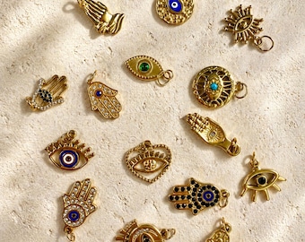 Mixed Evil Eye & Hamsa Hand Charms – 18K Gold Plated Stainless Steel Jewelry Making Pendants, Spiritual Protection Amulets, DIY Supplies