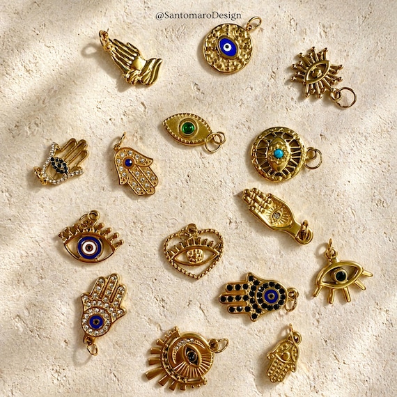 Mixed Evil Eye & Hamsa Hand Charms – 18K Gold Plated Stainless Steel Jewelry Making Pendants, Spiritual Protection Amulets, DIY Supplies