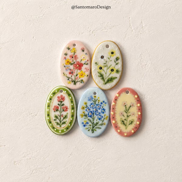 Hand-Painted Ceramic Floral Pendant Charm, Handmade Flower Ceramic Charm, Oval Porcelain Pendant, Unique DIY Jewelry Charm