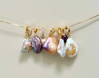 Freshwater Pearl Charm, Baroque Pearl Pendant, Gold Tone Clip On Charm, Handmade Gold Leaf Pearl, DIY Necklace Bracelet Jewelry Charm