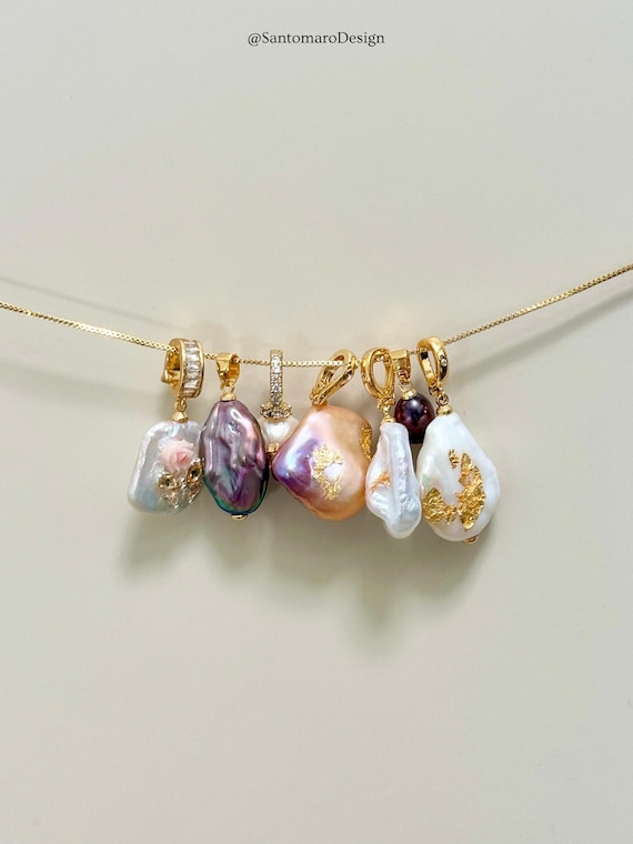 Freshwater Pearl Charm, Baroque Pearl Pendant, Gold Tone Clip On Charm, Handmade Gold Leaf Pearl, DIY Necklace Bracelet Jewelry Charm