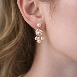 French Vintage Freshwater Pearl Earrings, Handmade Sunburst Floral Design, 18K Gold Plated, 925 Silver Post