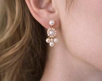 French Vintage Freshwater Pearl Earrings, Handmade Sunburst Floral Design, 18K Gold Plated, 925 Silver Post