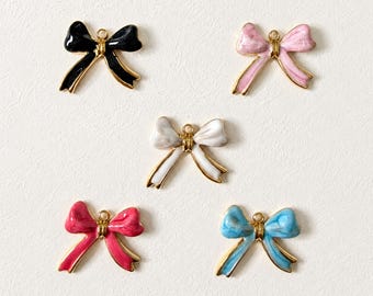 Bow Charm, 18K Gold Plated Stainless Steel Enamel Pendant, Coquette Ribbon Charm, Cute DIY Jewelry Making Supply, 5 Colors