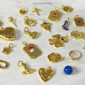18K Gold Charm Mix | Gold-Plated Copper Pendants with Enamel & CZ | Hearts, Lucky Symbols, Stars, Boots, Evil Eye | DIY Jewelry Supplies