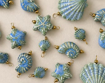 Double-Sided Ceramic Ocean Charms, Seashell & Starfish Pendants with Stainless Steel Findings, Coastal Jewelry Supplies