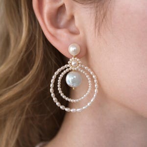 Handwoven Freshwater Pearl Hoop Dangle Earrings, Layered Circle Drop, 925 Sterling Silver Posts, Bridal Vintage Statement