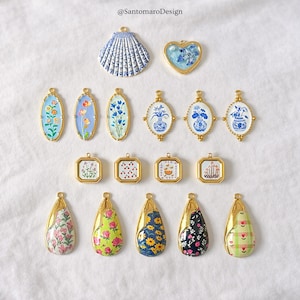 Vintage Floral Charm Pendants in 18K Gold Plated Stainless Steel, Porcelain Heart Shell Teardrop Charms for Jewelry Making