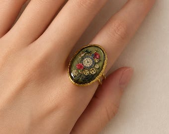 Handmade Steampunk Clock Ring: Adjustable 18K Gold-Plated Stainless Steel Resin Statement Ring