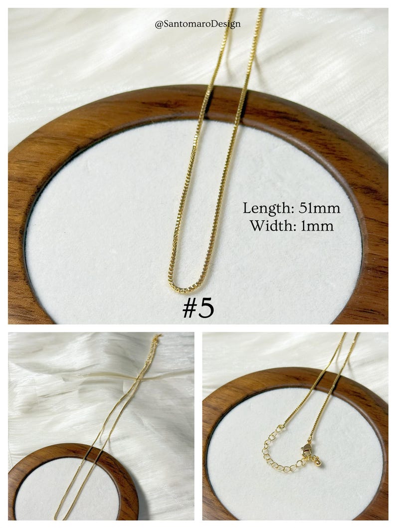 Op de afbeelding: Een delicate goudkleurige ketting met een box chain design. De ketting is 5,1 cm lang en 1 mm breed. De afbeelding bevat de tekst "#5" en de Instagram-handle van de verkoper. De ketting wordt gepresenteerd op een wit oppervlak.