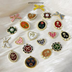 Vintage Floral & Ribbon Charms | Enamel Pendants for DIY Jewelry | Retro Gold Frame and Heart Charms for Necklace, Bracelet, Earrings Making