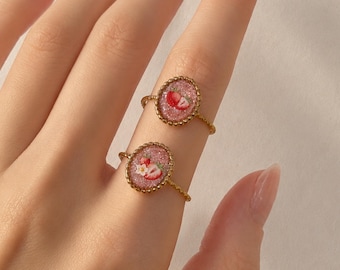 Handmade Strawberry Ring, Adjustable Gold-Plated Ring with Resin, Cottagecore Fruit Jewelry