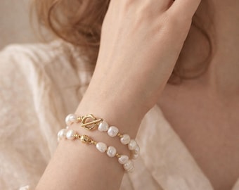 Personalized Freshwater Pearl Bracelet with Initial & Birthstone Charm, Toggle or Magnetic Clasp, Custom Name Bracelet, Gift for Her