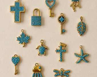 18K Gold Plated Stainless Steel Charms, Blue Accent Pendants, Cross Key Sea Animal Leaf Lock Charms for DIY Jewelry Making