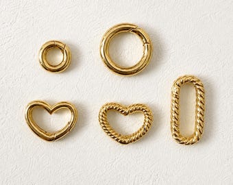 14K Gold Plated Brass Charm Holder Clasp, Openable Pendant Connector, Heart Oval Round Carabiner for DIY Jewelry Making